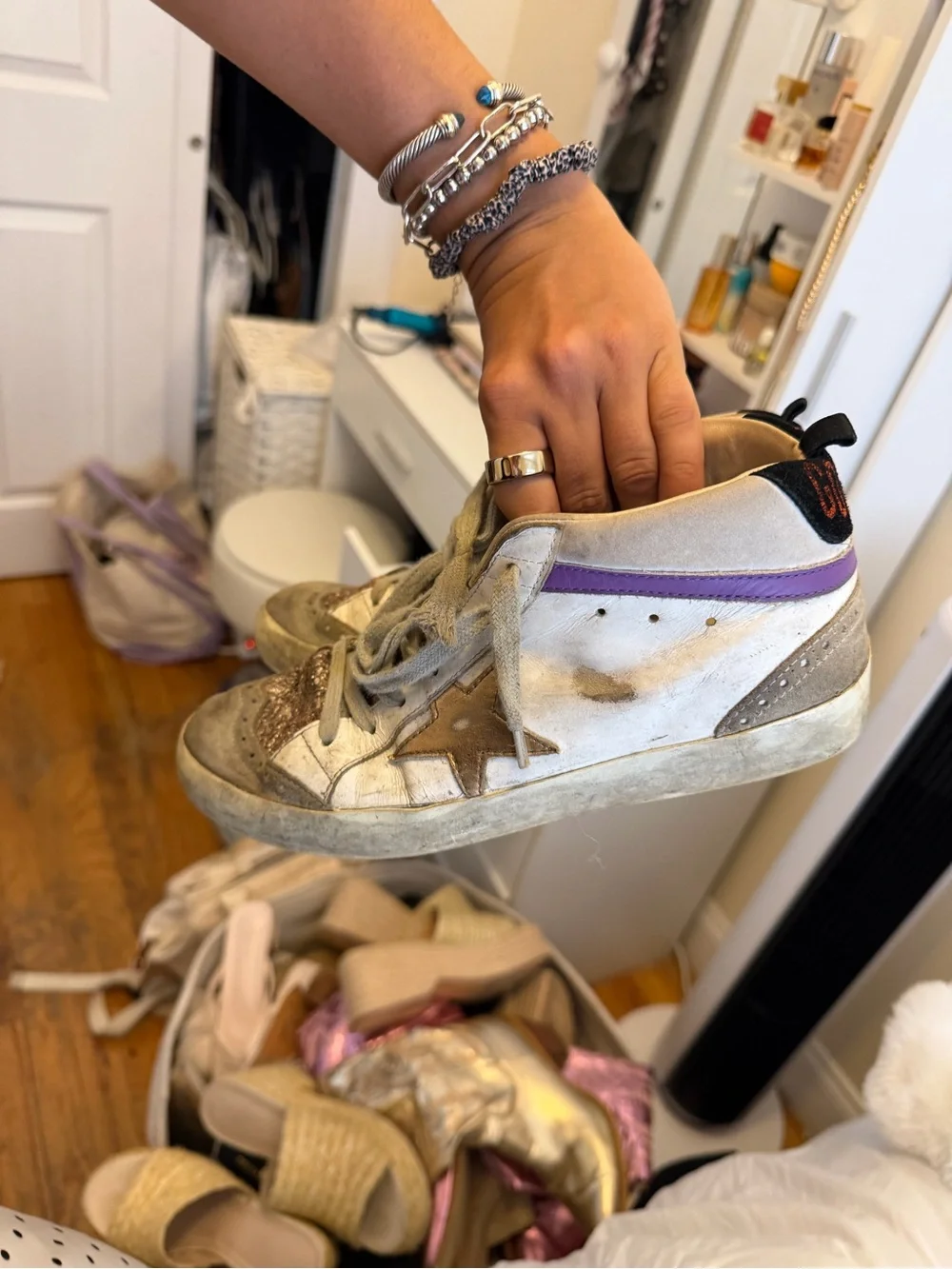 Golden Goose White and Pink Glitter Superstar Sneakers